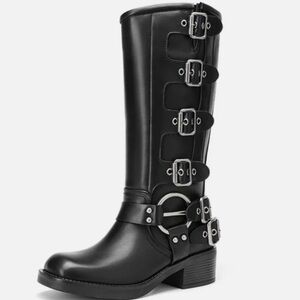 Dream Pairs Black Multi-Buckle vegan leather square toe moto boots